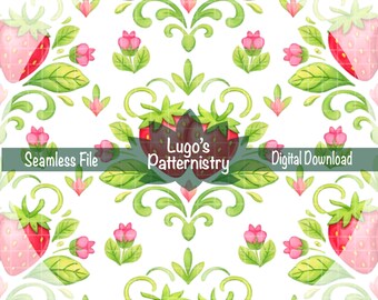 Erdbeer-Blumen-Damast-nahtlose Muster | Cottagecore Früchte Stoff, Tumbler Wrap (Digitaler Download)