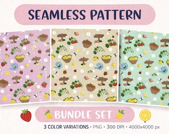 Strawberry Lemon Seamless Pattern Bundle | Cottagecore Fruit Digital Paper (3 Variations)