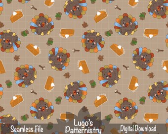 Motif sans couture Kawaii Dinde pour Thanksgiving | Tarte à la citrouille, feuilles d'automne PNG (Téléchargement numérique)