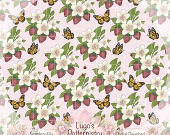 Jardin de papillons et de baies | Motif floral fraise sans couture | Papier numérique papillon | Motif botanique frangipanier