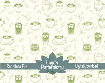 Modèle sans couture de matcha latte | Boissons glacées, feuilles de thé papier numérique (téléchargement numérique)