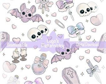 Pastel Gothic Seamless Muster - Kawaii Fledermäuse, Schädel, Schleifen (Digitaler Download)