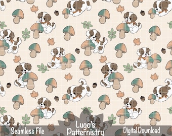 Modèle sans couture de champignon chiot | Automne forestier en téléchargement numérique PNG
