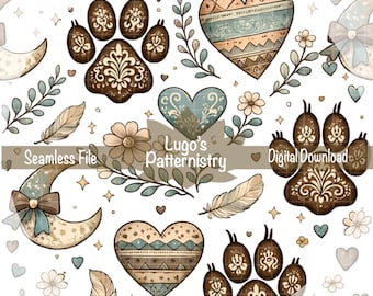 Boho Pfotenabdruck Muster | Rustikales Waldtier-Liebhaber-Digital-Papier (4000x4000 PNG)