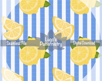Zitrone Nahtlose Muster | Blue Stripe Sommer Digitales Papier (Instant Download)