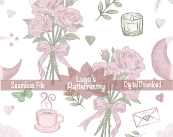 Patrón de rosas vintage sin costuras PNG / Papel digital floral rosa, elementos cottagecore (descarga digital)