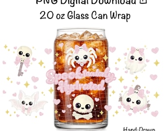 Diseño PNG de envoltorio de lata de Halloween con fantasma kawaii / Vaso rosa espeluznante (descarga digital)