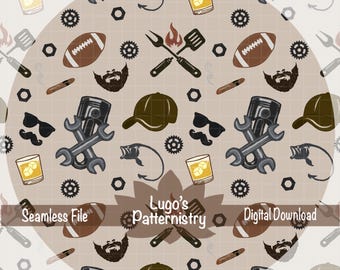 Patrón sin costuras para el Día del Padre con temática masculina: herramientas, parrilla, cerveza, fútbol (descarga digital).