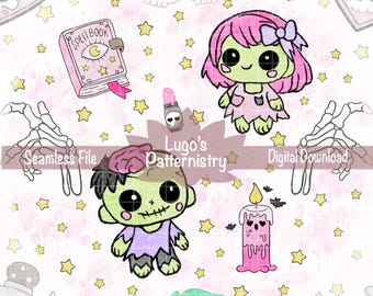 Kawaii Zombie Mädchen Goth Muster, Pinke Schädel Herzen Sterne Druck (Digitaler Download)