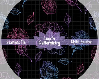Neon Florales nahtloses Muster | Handgezeichnete dunkle Pastellblumen (Digitaler Download)