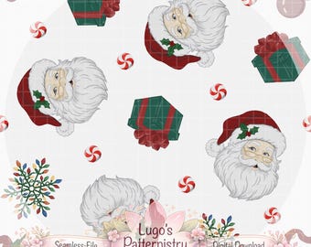 Motif sans couture vintage de Père Noël pour Noël | Papier numérique de Noël dessiné à la main (Téléchargement numérique)
