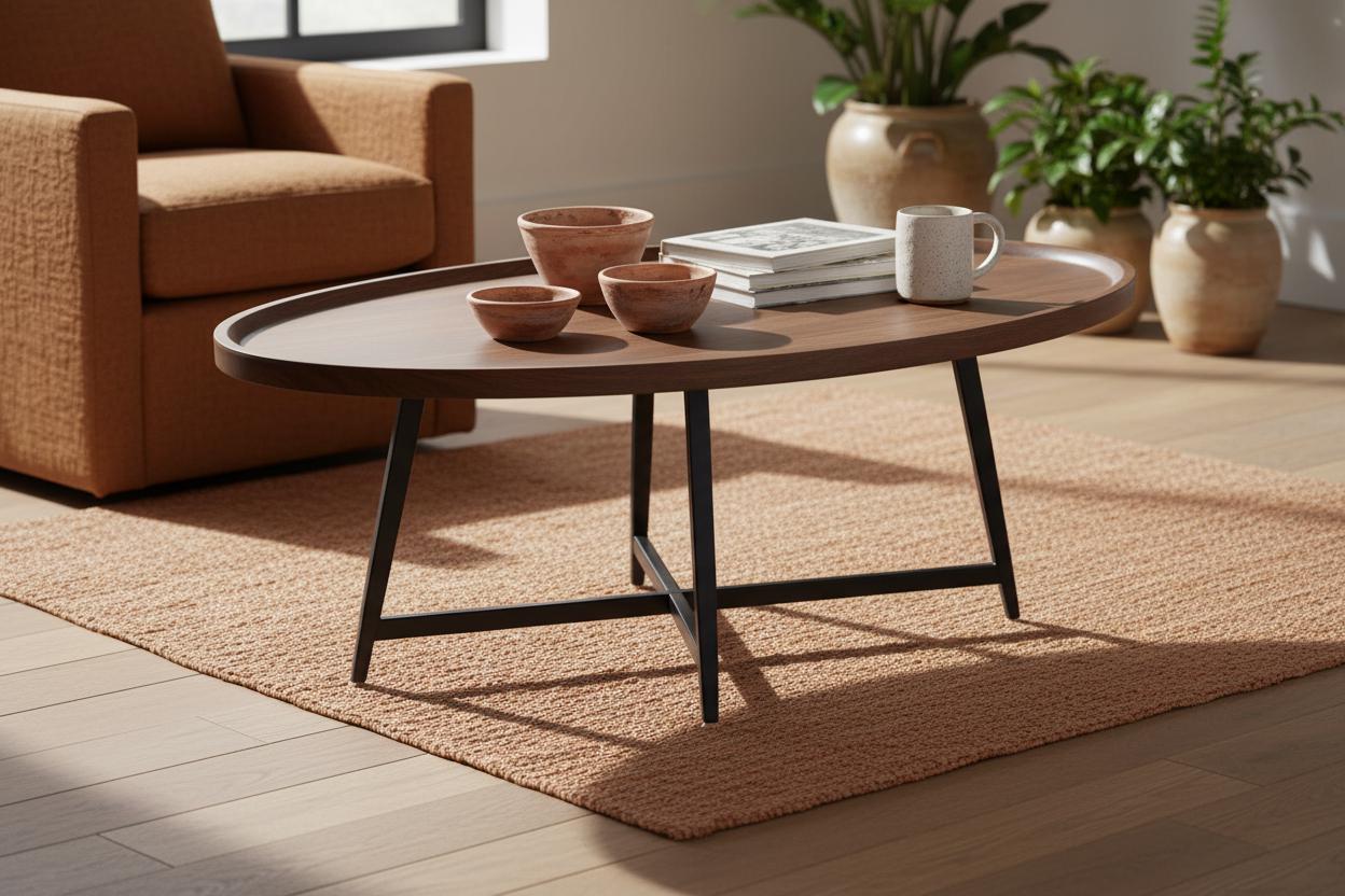 Table Basse Ovale Minimaliste Avec Plateau En Noyer Et Base Métal Noir