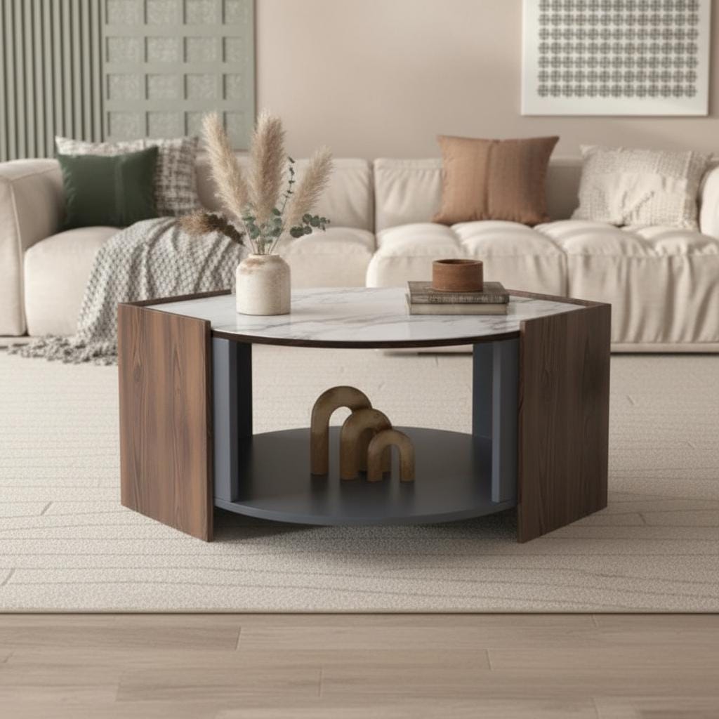 Table Basse Moderne Avec Rangement - Design En Bois Et Marbre, Bords Incurvés