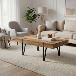 Table basse rectangulaire moderne avec finition grain de bois et cadre en métal noir