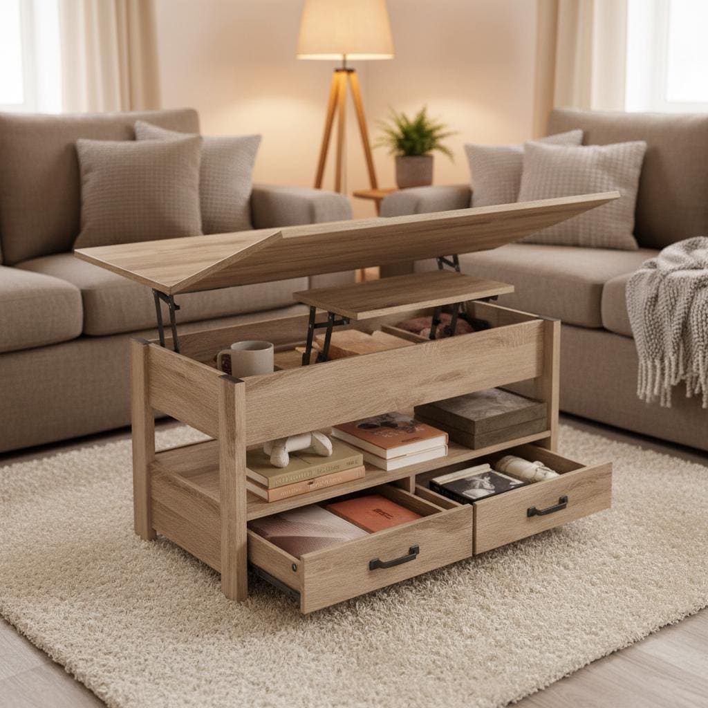 Table Basse Moderne Avec Plateau Relevable Et Rangement - Meubles De Salon Finition Bois