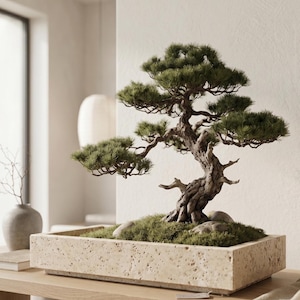 May include: A bonsai pine tree with a textured, gnarled brown trunk and dense green needles, planted in a rectangular, porous beige stone planter. The base of the tree is covered in green moss and small smooth gray stones, creating a natural display.