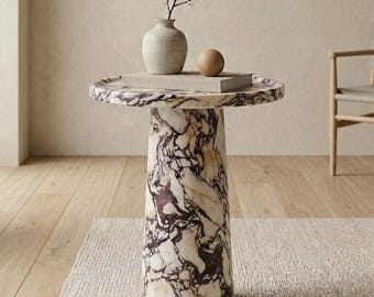 Round Marble Pedestal Table – Luxury Marble Side Table – Minimalist Accent Table – Japandi Marble Decor – Modern Marble Furniture