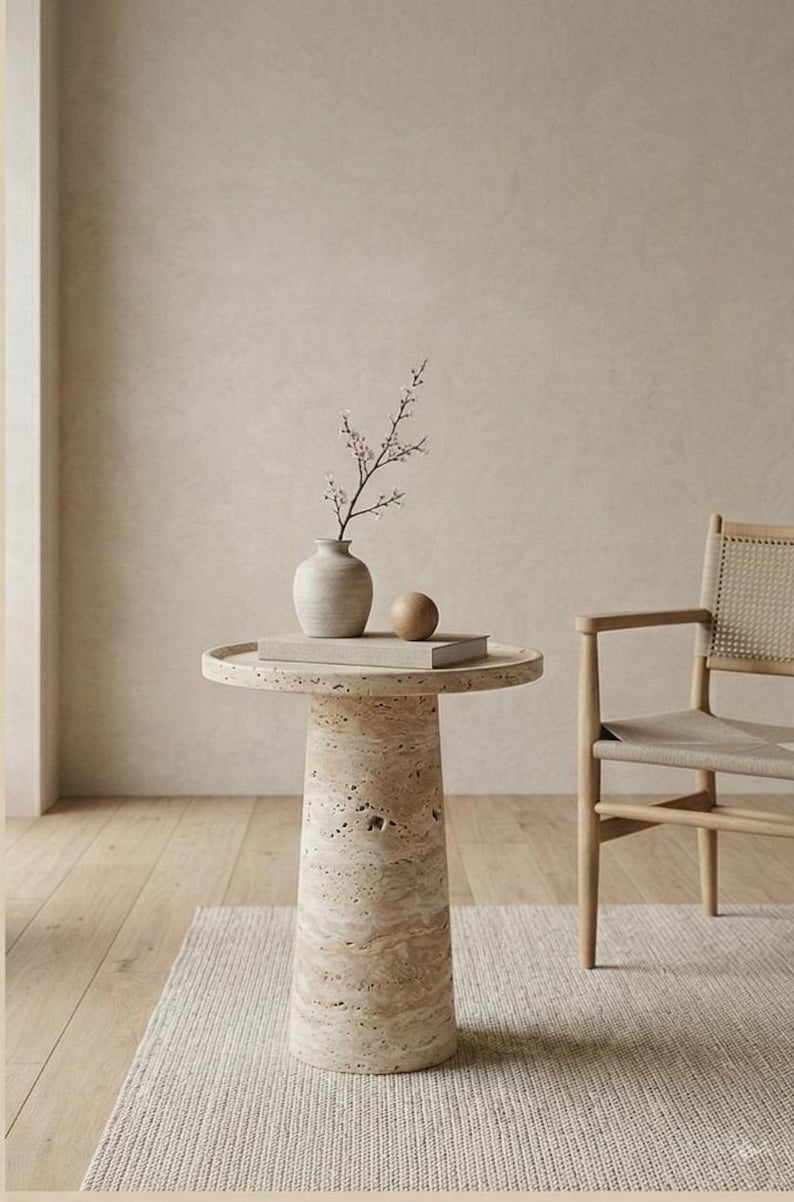 May include: A beige travertine side table with a round top and cylindrical base. A small vase with a sprig of flowers, a wooden sphere, and a book rest on the table. A woven chair sits nearby.