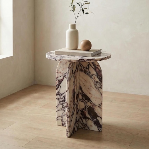 Marble Pedestal Side Table – Round Marble Accent Table – Japandi Decor – Luxury Marble Furniture - Marble Table - Marble Side Table