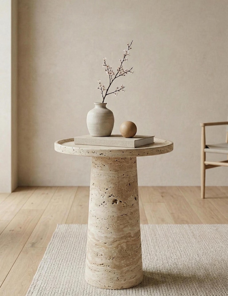 May include: A beige travertine side table with a round top and a cylindrical base. A small, off-white vase with a sprig of flowers, a wooden sphere, and a book rest on the table. The table is approximately 61 cm in height.