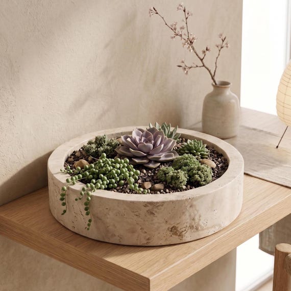 Marmor-Pflanzer, Travertin-Pflanzer, Stein-Blumentopf, Luxus-Innentopf, moderne minimalistische Wohnkultur, Marmor-Bonsai-Topf
