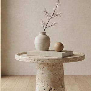 May include: A beige stone side table with a round top and a cylindrical base. A small, off-white vase with a flowering branch, a wooden sphere, and a book rest on the table. The table is set against a neutral background.