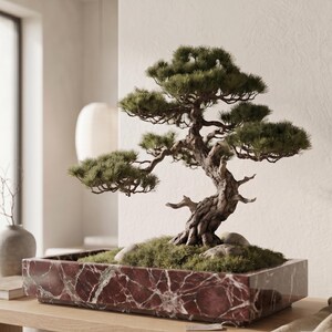 May include: A miniature pine bonsai tree with a textured, gnarled brown trunk and dense green needles, planted in a rectangular, polished dark red marble pot with white veining, featuring moss and small smooth stones at the base.