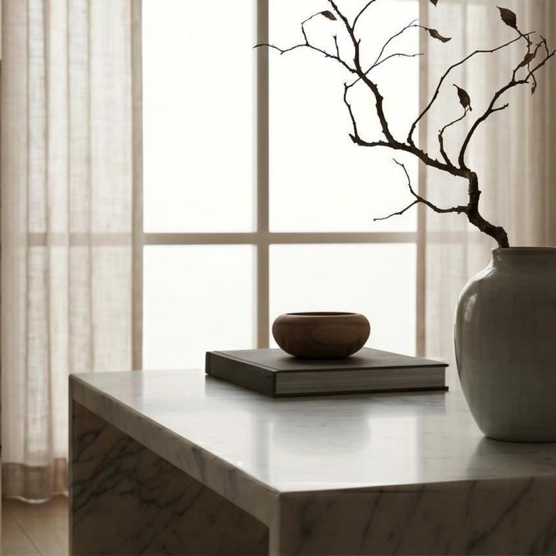 May include: A smooth, round wooden bowl sits atop a rectangular book with a dark cover. Beside the book, a light-colored ceramic vase holds a bare, branching twig with a few small, dried leaves attached to its thin, dark, winding stems.