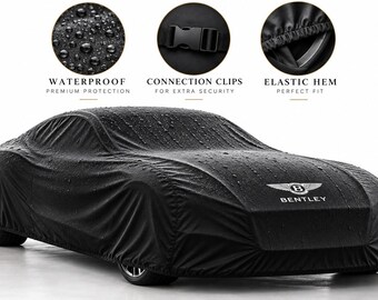 May include: A black car cover draped over a vehicle, featuring the Bentley logo on the front. Three circular insets highlight features: water droplets on the fabric labeled WATERPROOF, a black plastic connection clip, and an elastic hem.