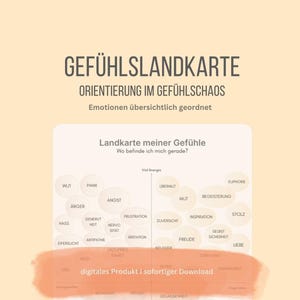 Può includere: Download digitale di una mappa dei sentimenti, intitolata "GEFÜHLSLANDKARTE" in tedesco. La mappa è una guida visiva alle emozioni, con parole come "rabbia", "gioia" e "amore" disposte in forma circolare. Lo sfondo è di colore pesca chiaro.