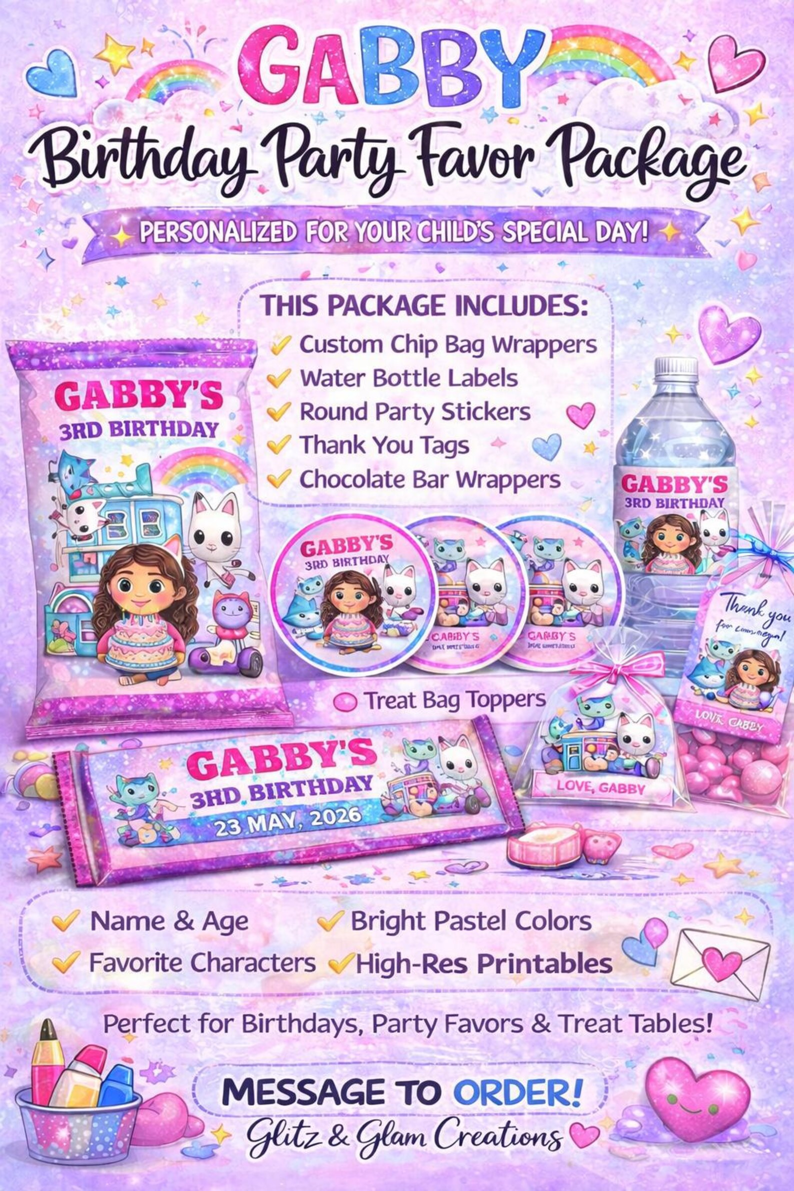 Gabbys Dollhouse Birthday Party Favor Bundle | Chip Bag, Water Bottle ...