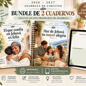 May include: A bundle of two spiral-bound notebooks for the 2026-2027 circuit assembly, featuring Spanish text including El que confía en Jehová es feliz and Haz de Jehová tu mayor alegría, alongside a digital tablet displaying a lined note page.