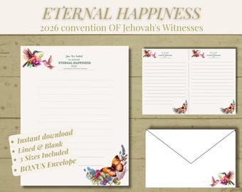 Papel para cartas de la Convención JW 2026, Juego de escritura "Felicidad Eterna" (Descarga digital)
