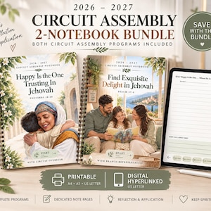 May include: A 2026-2027 Circuit Assembly 2-notebook bundle featuring two spiral-bound notebooks with religious illustrations and text, alongside a digital tablet displaying a note-taking page. Includes printable A4, A5, and US Letter options.