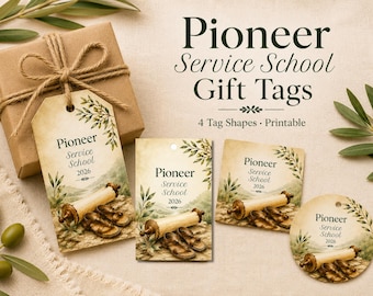 Pioneer School Gift Tags Printable | JW Pioneer Service School Gift | 4 Tag Shapes | Sandals Scroll | A4 & US Letter Pdf Png