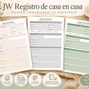 May include: Three printable sheets titled JW Registro de casa en casa, designed for ministry organization. Each sheet features sections for contact information, initial visits, and return visits, available in pink, gray, and green color schemes.