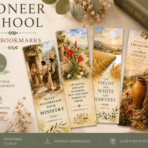 May include: Four rectangular paper bookmarks featuring religious illustrations and scripture text. Designs include figures in robes, red lilies, a wheat field at sunset, and an earthen vessel. Each bookmark displays specific Bible verses and measures 2x6 inches.