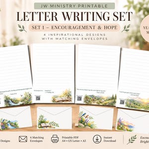 May include: A printable letter writing set featuring four lined stationery sheets and four matching envelopes. Each sheet displays a unique watercolor landscape or nature scene with a Bible verse and a QR code. Text includes JW MINISTRY PRINTABLE.