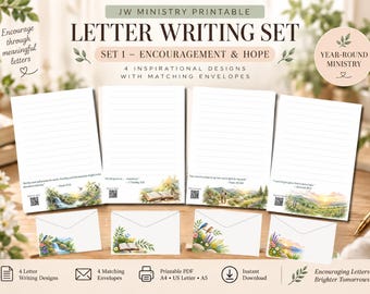 May include: A printable letter writing set featuring four lined stationery sheets and four matching envelopes. Each sheet displays a unique watercolor landscape or nature scene with a Bible verse and a QR code. Text includes JW MINISTRY PRINTABLE.