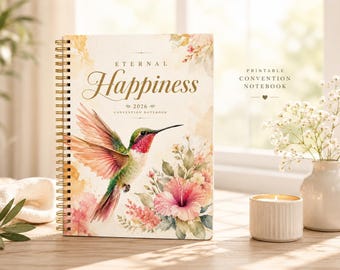 Cuaderno imprimible en PDF para la Convención de los Testigos de Jehová 2026 / Diario floral de la felicidad eterna / Notas de la asamblea sobre colibríes y mariposas