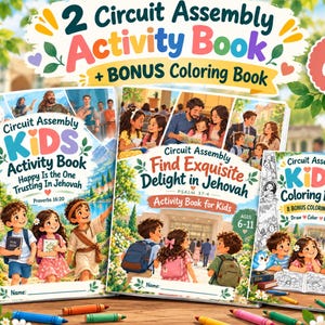 May include: A set of two activity books and one bonus colouring book for children aged 6-11. The covers feature colourful illustrations of children and families, with text including Circuit Assembly Activity Book and Find Exquisite Delight in Jehovah.