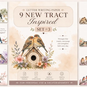 Op de afbeelding: Een set briefpapier met een aquarelontwerp. De hoofdafbeelding toont twee vogels op een vogelhuisje omringd door bloemen. De tekst luidt "9 New Tract Inspired Set #3". Extra kaarten met vogelillustraties en vragen zijn inbegrepen.