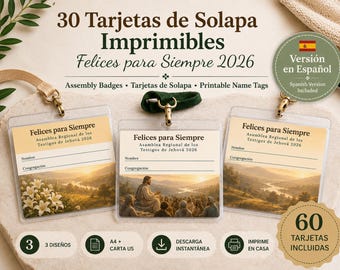 Tarjetas de Solapa Felices para Siempre 2026 / Credenciales Imprimibles para Asamblea Regional / Printable Convention Badges / A4 + Carta US