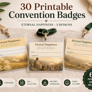 May include: Three clear plastic badge holders with lanyards, each containing a printable card for the 2026 Convention of Jehovah's Witnesses titled Eternal Happiness. The cards feature landscape imagery, lines for name and congregation, and gold tones.