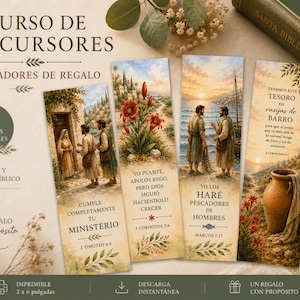 Puede incluir: Un conjunto de cuatro marcapáginas rectangulares con ilustraciones bíblicas y texto en español. Cada marcapáginas muestra escenas de figuras con túnicas, flores, un paisaje costero y una vasija de barro, junto a versículos de 2 Timoteo, 1 Corintios y Marcos.