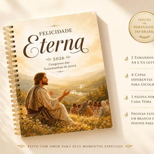 Peut inclure: Un agenda à spirales intitulé "Eterna Felicidade 2026". La couverture présente une peinture d'un homme s'adressant à un groupe. Le texte comprend "Congresso das Testemunhas de Jeová" et des détails sur les caractéristiques de l'agenda.
