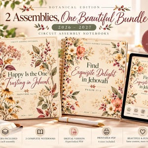 May include: Two spiral-bound notebooks and a tablet display featuring botanical illustrations and religious text. The covers read "Happy Is the One Trusting in Jehovah" and "Find Exquisite Delight in Jehovah" with "2026-2027" dates.