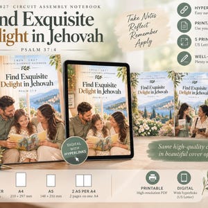 Puede incluir: Un cuaderno de asamblea 2026-2027 titulado Find Exquisite Delight in Jehovah Psalm 37:4. El conjunto incluye un cuaderno físico con espiral, una versión digital para tableta y varios formatos imprimibles como A4 210 x 297 mm y A5 148 x 210 mm.