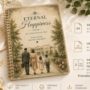 Convention printable Notebook 2026. Eternal Happiness stationary notebook | Vintage Family Assembly Journal | digital download