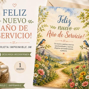 Peut inclure: Une carte de vœux illustrant un paysage à l'aquarelle avec un chemin de terre, des fleurs sauvages colorées, deux oiseaux bleus sur des branches et le texte Feliz nuevo Año de Servicio. La carte inclut une phrase espagnole sur le service.
